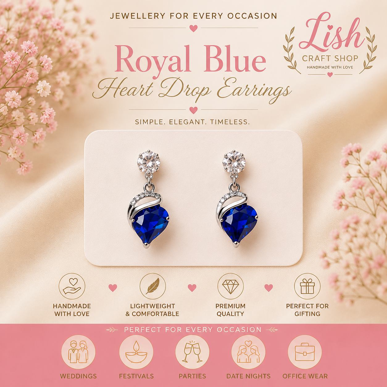 Royal Blue Heart Drop Earrings