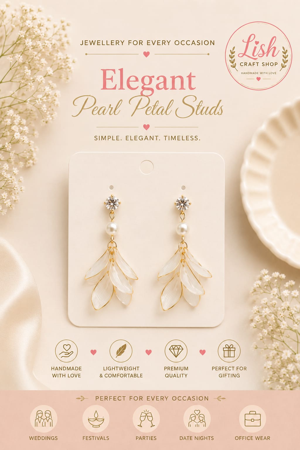 Elegant Pearl Petal Studs(White)
