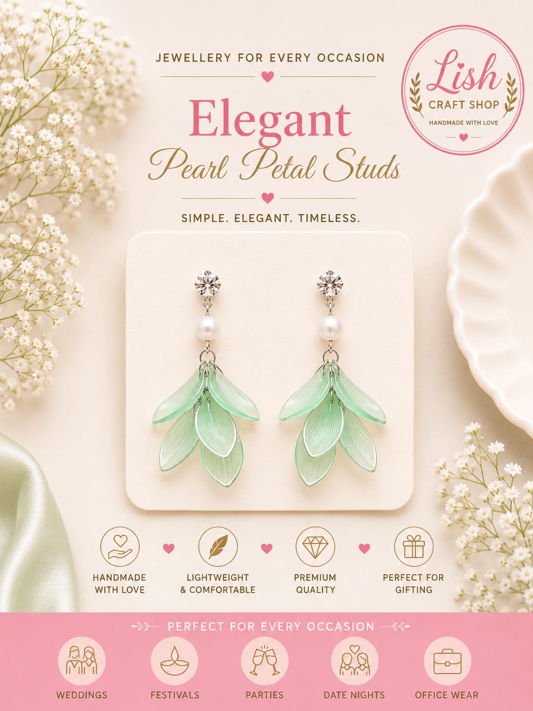 Elegant Pearl Petal Studs(Green)