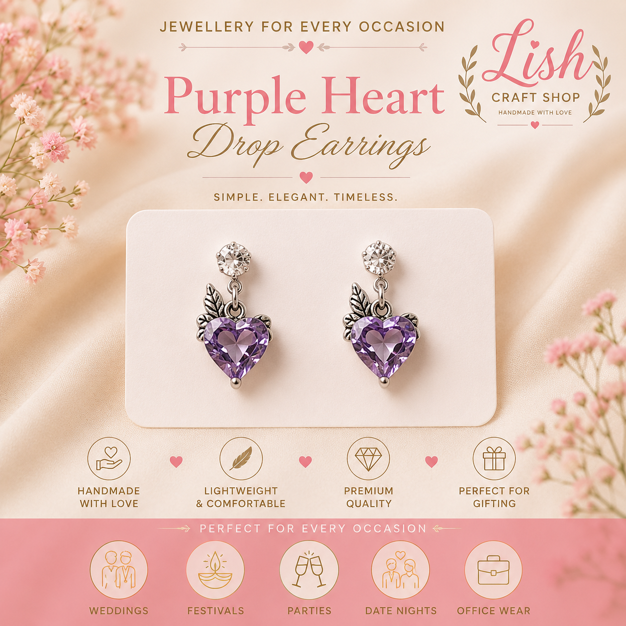 Purple Heart Drop Earrings
