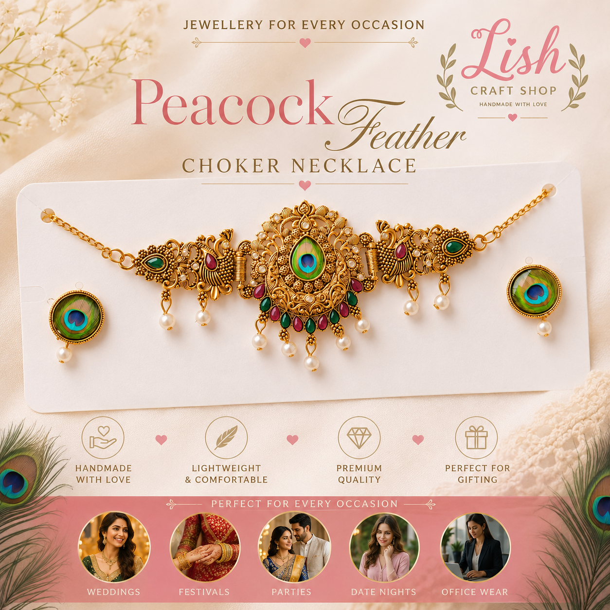 Peacock Feather Choker Necklace